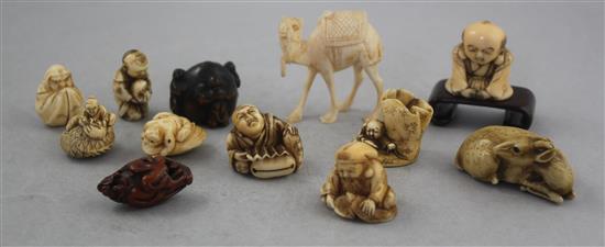 Eight Japanese ivory netsuke and four other items, late 19th / early 20th century,